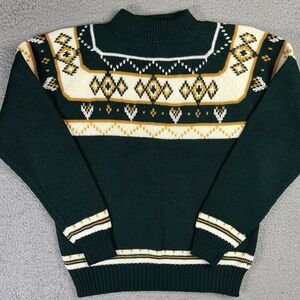 Vintage JCPenney Sweater Mens Medium Green Nordic Fair Isle Ski Pullover 70s